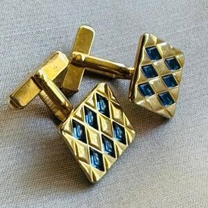 Vintage Swank Gold Tone Blue Diamond Inlay Pattern Retro MCM  0.5x0.75 inches